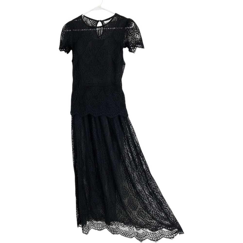 Sheer Lace Midi Dress Women Small Black Floral Scalloped Short Sleeve Goth